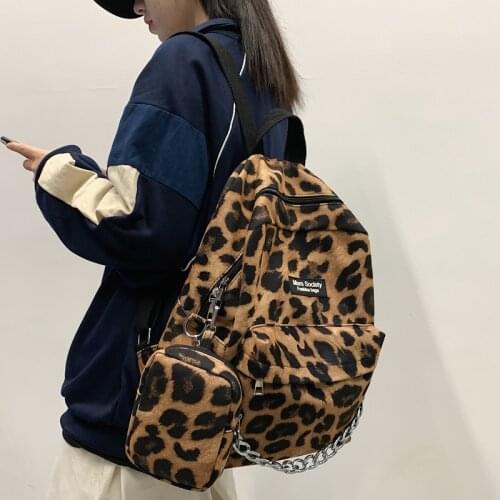 Harajuku Casual Leopard Print Women Backpack Female Velvet Schoolbags for Students Chain Travel Bag College Girls Backpacks