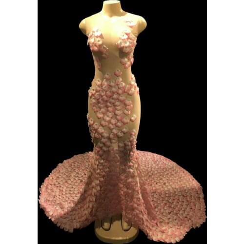 Sexy Pink Flower Dress Women mesh Costume One-piece Evening Celebrate Party Long Tail Dress Singer Stage Performance Clothing