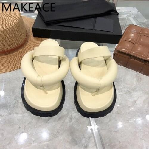 Women Genuine Leather One Strap Summers Beige Slippers Women Flip Flops Open Toe Thick Bottom Flat Shoes Woman Fashion Sandals