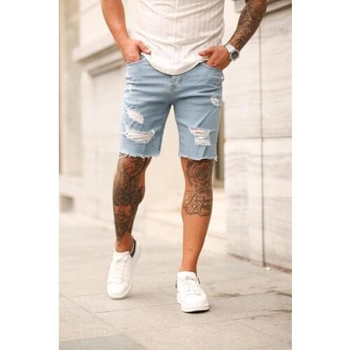 Summer New Mens Slim Fit broken hole Short Jeans Fashion Cotton Stretch Vintage Denim broken hole Shorts Blue fallow Short