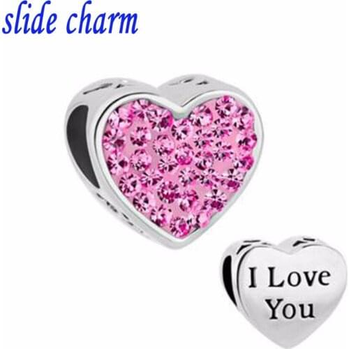 Slide charm Free shipping Valentines Day gift I love you pink crystal beads fit Pandora charm bracelet
