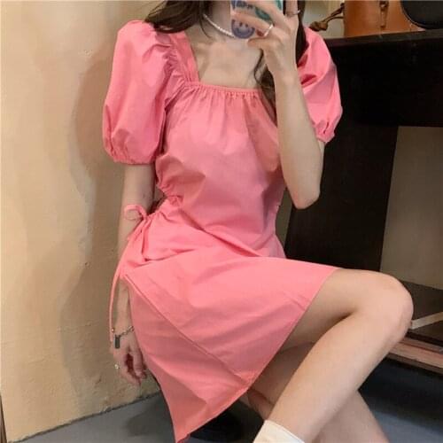 Dress Temperament Square Neck Bubble Short-sleeved Dress Womens Summer New Style Korean Style Waist Slimming Short Skirt Trend