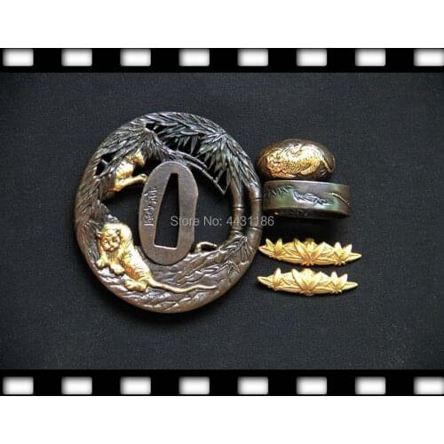 Tiger Design Copper Guard Tsuba Fuchi Kashira Japanese Wakizashi Samurai Sword Katana Knife DIY Fitting