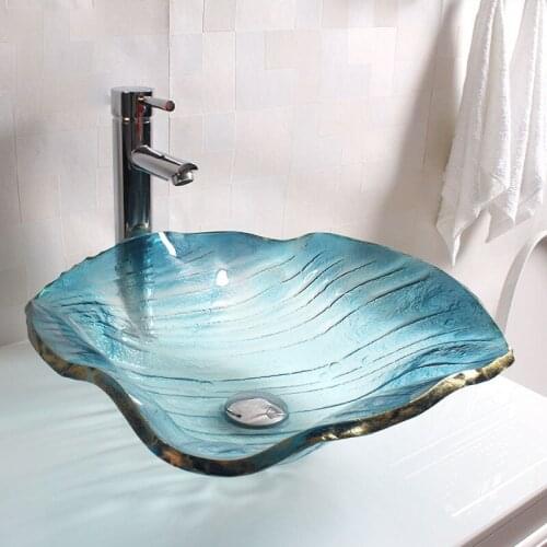 Bathroom Toughened Glass Washbasin Blue Mediterranean Basin flower Shaped Art Washbasin Bathroom Tempered Glass Vessel Sink