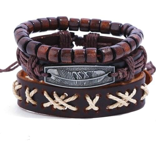 Vintage Punk Feather Charm Bracelet Rock Beads Braided Leather Rope for Women Men Wristbands Bangle Wrap Handmade Retro Jewelry