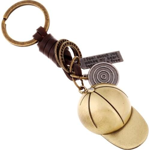 Vintage baseball cap leather keychain creative small gift hand-woven car key pendant key ring
