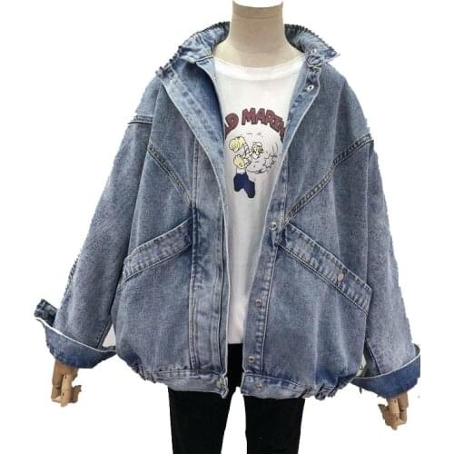 2021 Cowboy Coat Vintage Denim Jacket Big Pockets Cargo Women Jeans Jackets Outwear Students Streetwear Korean Version Fashion