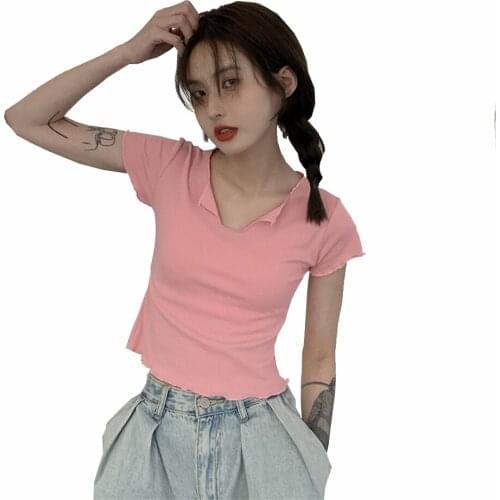 Sexy Short T-Shirt Female V-Neck Short-Sleeved Summer Short Cropped Navel Girl Top Female Tide