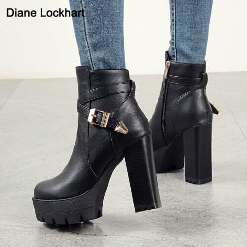 Women 11cm High heel boots Female Ankle Boots For Ladies High heels Sexy Buckle Zip Motorcycle boots Platform shoes bota feminin