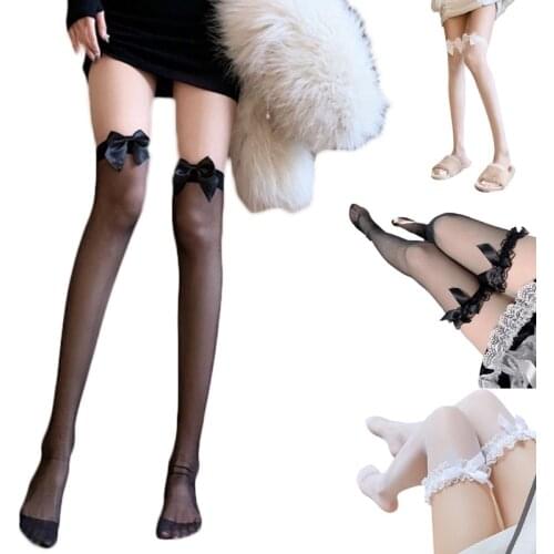 Women Summer Sexy Sheer Silky Thigh High Stockings Sweet Bow Ruffle Lace See-Through Mesh Lolita Over Knee Long Socks
