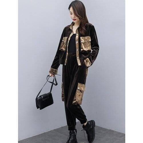 Golden Velvet Two-piece Iarge Size Women Spring Autumn Suit Fashion Spliced Top + Loose Trousers Two-piece Suit 2021New Arrivals