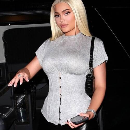 LVINMW Grey Basic Casual Slim O Neck Short Sleeve T Shirts Crop Top With Corset Removable Lace Up Skinny Fashion Tops Women