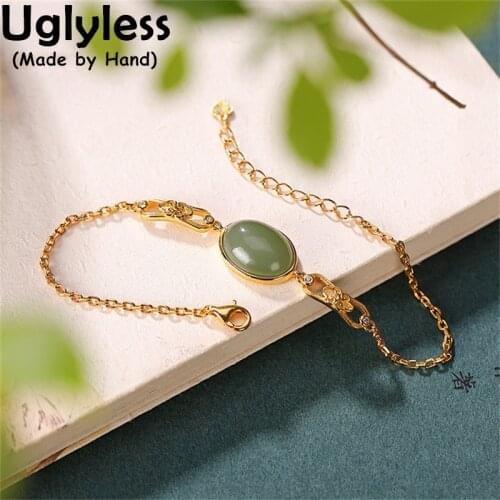 Uglyless Vintage Ethnic Bracelets for Women Real 925 Sterling Silver Thin Chains Bracelets Gold Natural Jade Gemstones Jewelry