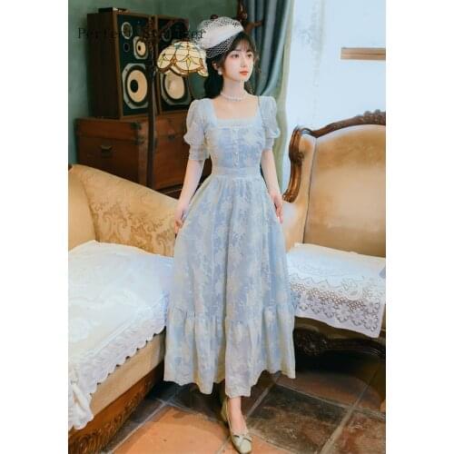 2021 Summer New Arrival Hot Sale Square Collar Flower Printed Short Sleeve Women Lace Long Dress