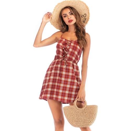 Check Dress Ladies dress women color Casual fashion Dresses Lace Party pringting Sleeveless Camisole Backless Short dresses new