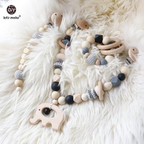 Lets Make 1set/3pc Baby Carriage Rattle Pacifier Chain Wood Ring Food Grade Wooden Teether Car Seat Teething Toys Baby Teether