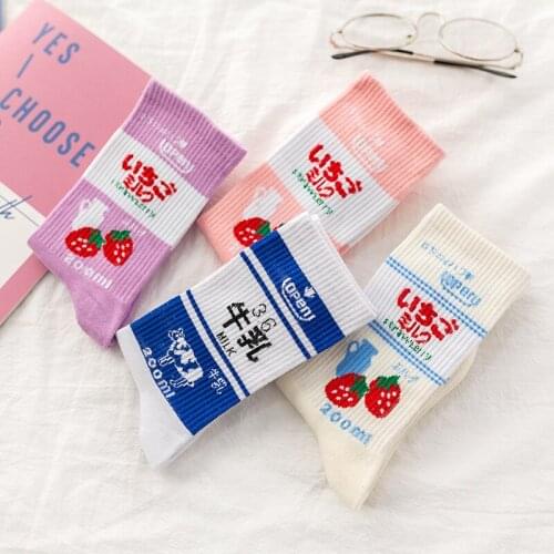 1 Pair Winter Cute Cartoon Milk Strawberry Printed Long Socks Fashion Casual Street Skateboard Women Socks Ins Cotton Girls Sock