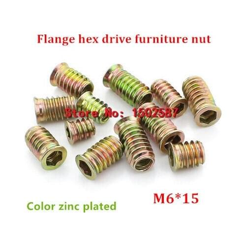 20pcs/lot M6*15 Color Zinc Coated Flange Hex Drive Head Furniture Nut Internal External Thread Screw For Wood Insert Nut