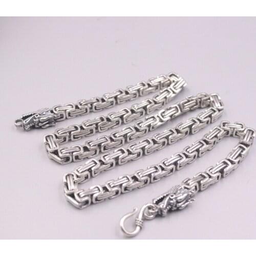 Pure 925 Sterling Silver Chain Width 6mm Solid Square Box Dragon Head Link Necklace 60cm / 111-112g For Man Lucky Gift