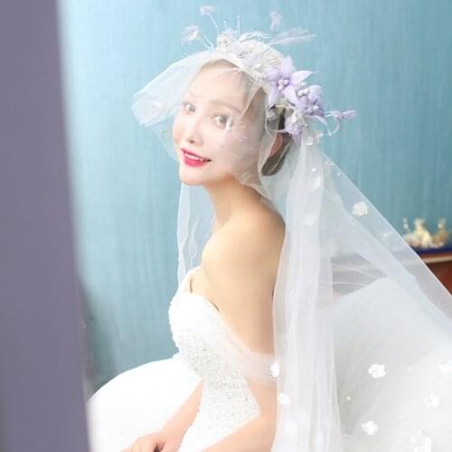 European Wedding Hat WIth Long Face Veil Fairy Flower Lace Fascinator Headwear Elegant Ladies Derby Party Photo Shoot Headdress