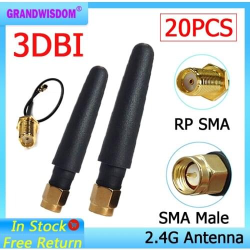 20pcs 2.4Ghz antenna Wifi 2dbi SMA Male connector white 2.4 ghz antena Router Antenna +21cm RP-SMA Male Pigtail Cable