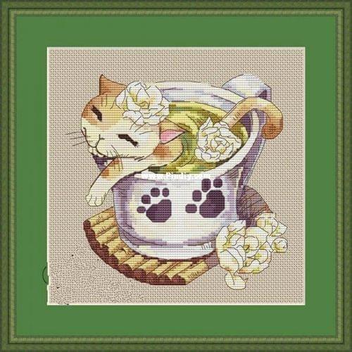 ZZ MM Gold Collection Counted Cross Stitch Kit Cross stitch RS cotton with cross stitch Cat Jasmine Tea