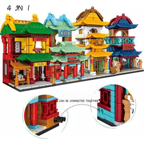 City Street View Architecture Traditional Chinese Antique Shop Tea House Silk Village Pawnshop Building blocks Childrens toys