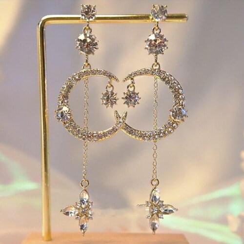Korean Elegant Rhinestone Moon Drop Earrings For Women Crystal Flower Boucle D'oreille Party Jewelry Gifts