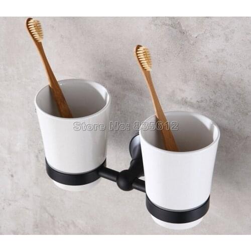 Black Oil Rubbed Bronze Wall Mounted Toothbrush Holder with Two Ceramic Cups Set Bathroom Accessories Wba859