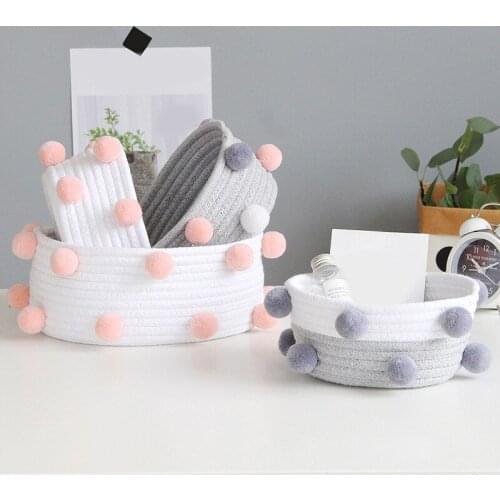 New Cotton Pom Storage Basket Handmade Woven Dirty Laundry Basket Kids Toys Desk Sundries Organizer Basket
