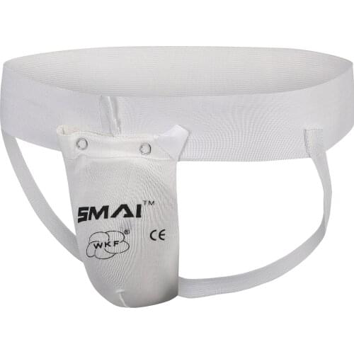 SMAI WKF APPROVED MALE GROIN GUARD - ELASTIC traditional style tuck-under cup with elasticised waist belt and strap