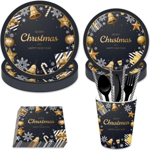 Omilut Christmas New Year Decor Plates Cups Napkins Black Gold New Year Celebrate Merry Christmas Supplies with Trees, Snow
