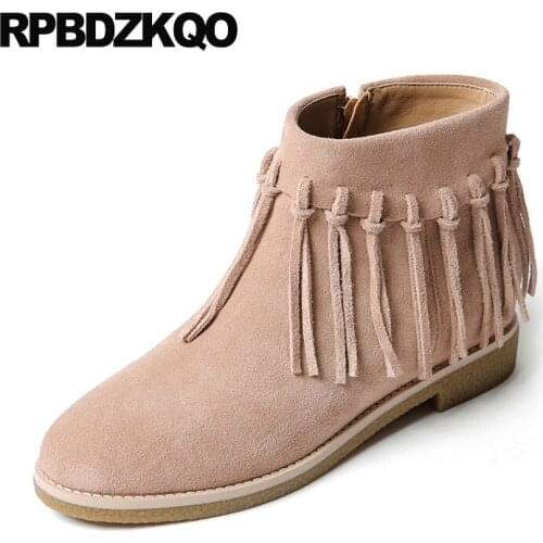 Autumn Booties Chinese Fall Shoes Genuine Leather Side Zip Boots Fringe Women Luxury Flat Fur Ankle 2017 Ladies Female New