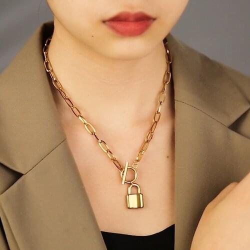 Lock Padlock Pendant Necklace Stainless Steel Toggle Necklace For Women Gold/Silver Color Metal Padlock Kette Choker Collier