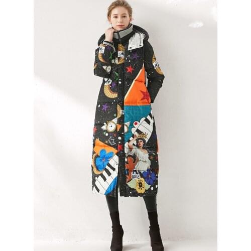 Europe&America winter womens overcoat Fashion print high quality hooded 90% white duck coat warm down jackets B065