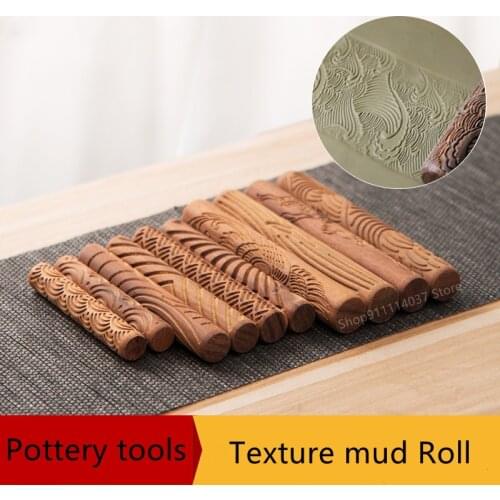 10PCS Pottery Art Wood Texture Rolling Pin Embossing Stick Pattern Relief Pressure Roller Polymer Modeling Pottery Clay Tools