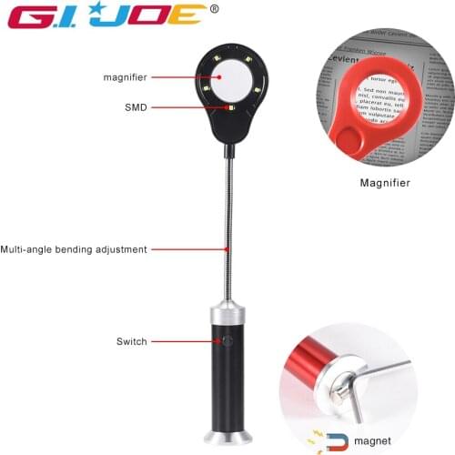 GIJOE led worklight aluminum alloy search light powerful work lamp magnetic use 3*AAA battery portable light with magnifier
