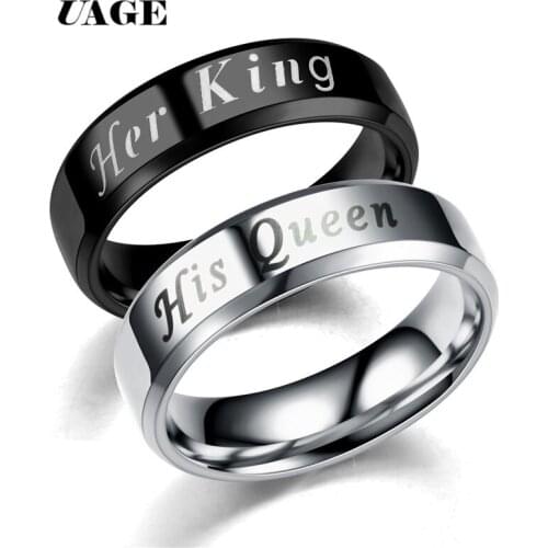 UAGE Titanium His Queen Her King DIY Engraved Couple Ring Romantic Engagement Wedding Rings For Men Women Jewelry