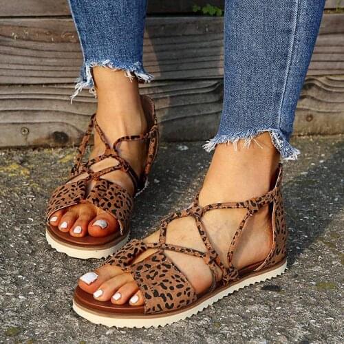 Womens Sandals 2021 Leopard Printed Cross Tied Zipper Falt Shoes Ladies Non-slip Leisure Gladiator Summer Female Shoes 2021 New