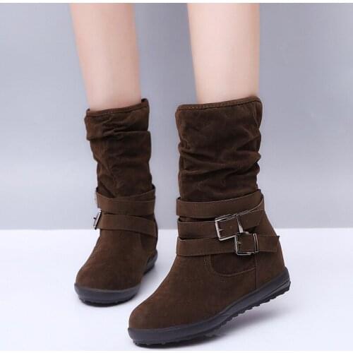 Women Boots Fashion Platform Boots Slip On Lace-up Flat bottom buckle plus velvet bare boots Ladies Casual Warm Shoes For Winter