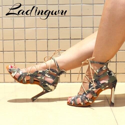 Ladingwu Brands Latin Dance Shoes For Women Sneakers Dance Boots Camouflage Denim Dance Shoes Girls Adjustable Width Strap shoes