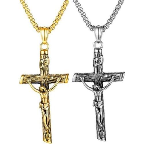 10Pcs Mens Jesus Cross Pendant Chain Necklace Alloy Retro Crucifix Jewelry DIY Accessories T-214