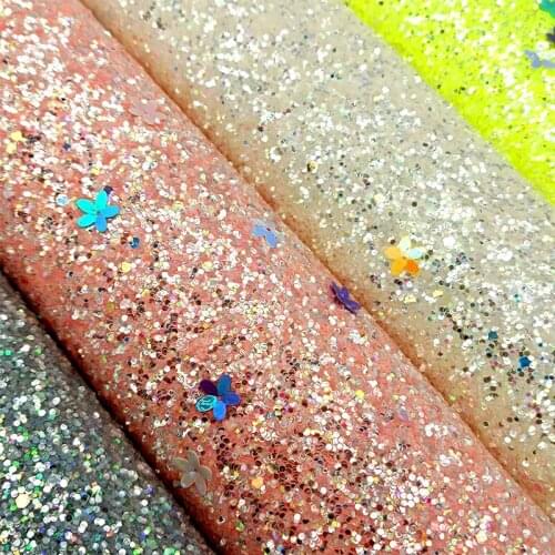 3D Flower Sequins Shiny Multicolored Chunky Glitter Faux Leather Fabric Elastic Backing for Clothing/Bag/Shoes/DIY Accessories