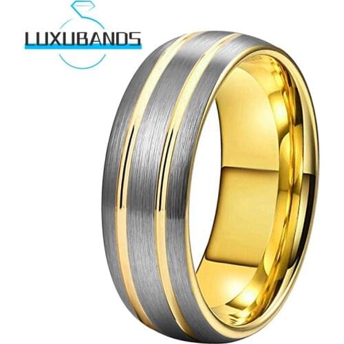 8MM Gold Tungsten Wedding Rings For Men Wemen Engagement Dome Bands Trisection Two Grooved Brushed Finished Comfort Fit