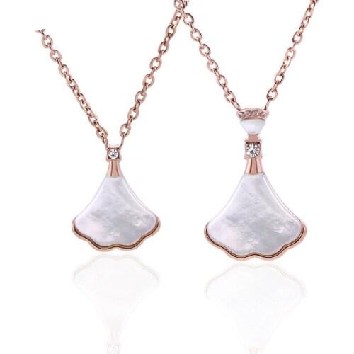 Large and Small Lace Skirt Titanium Steel Rose Gold Plated Natural White Seashell Pendant Necklace