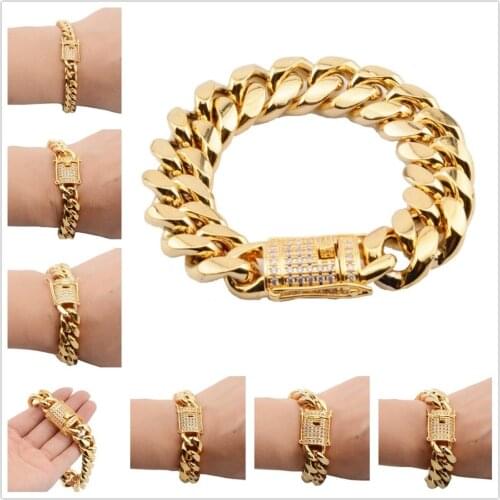 8/10/12/14/16/18MM Popular 316L Stainless Steel Gold Tone Mimal Cuban Curb Link Chain Men Women Rhinestone Bracelet Bangle 7-11"