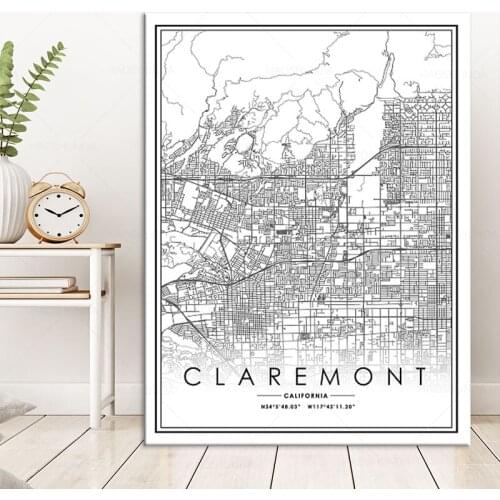 Black and white Posters CLAREMONT map wall art canvas painting hd print for Living room Bedroom Bar Cafe Home Decoration framed