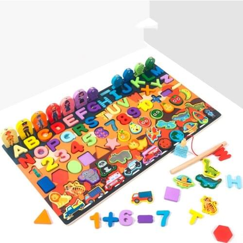 Childrens Multi Function Wooden Matching Board Montessori Alphabetic Job Numbers Vehicle Fruit Recognition Magnetic Fishing Toy