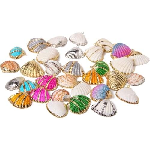 5-10 pcs/pack Sea Shell Pendant Electroplated Rainbow Cowries Beads Charm Natural White Shell Connector For DIY Making Jewelry