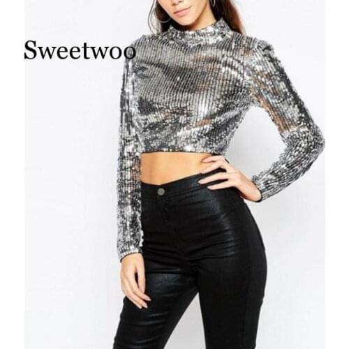 Sweetwoo High Collar Nightclubs Style Silver Full Sequins Tops Elegant Crop Top
